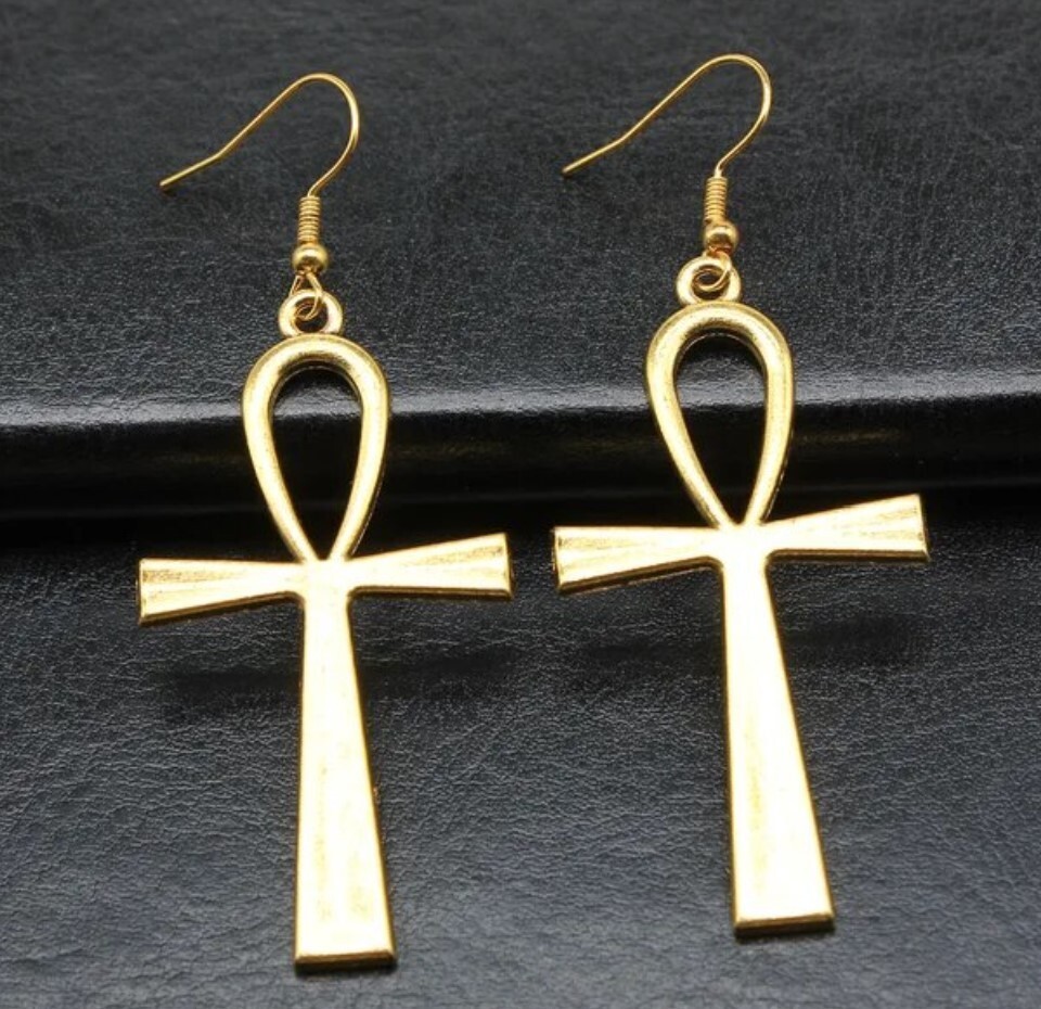 Alloy Antique Gold Color Ankh Cross Earrings
