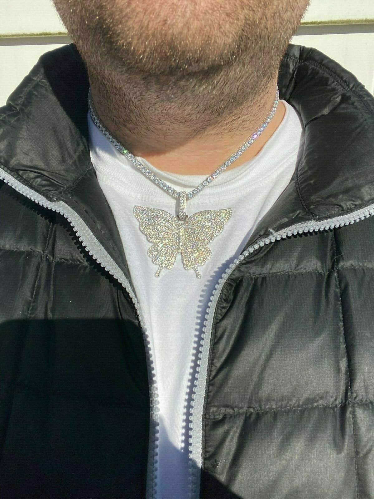 Solid 925 Silver HUGE Iced CZ Butterly Hip Hop Pendant For Men Ladies Necklace