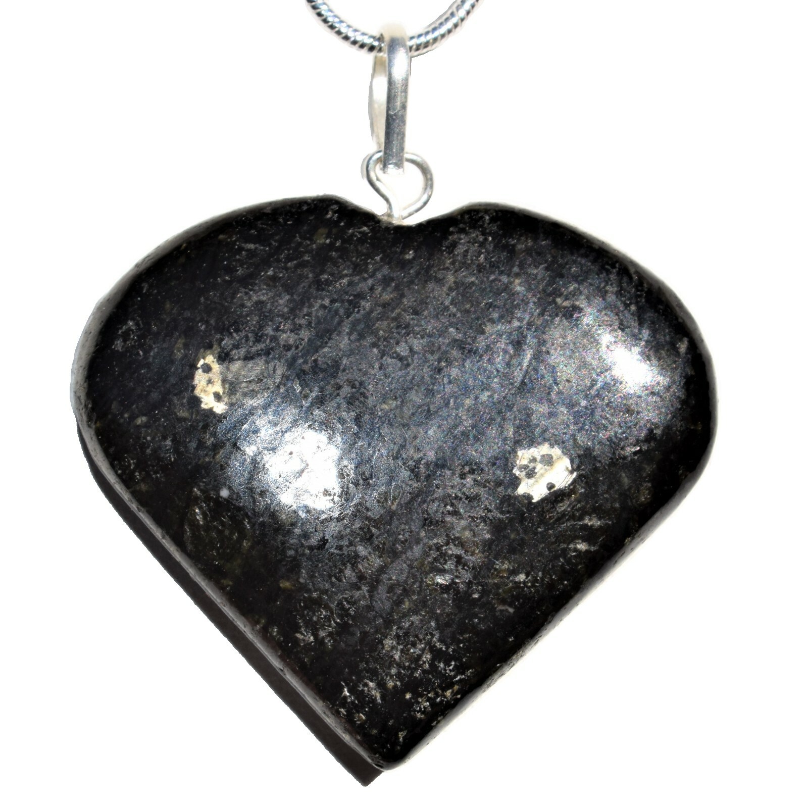 CHARGED Starburst Flash Nuummite Crystal Heart Pendant + 20″ Stainless Chain
