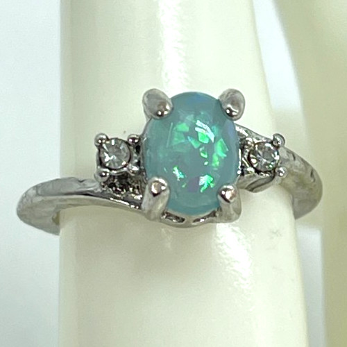 Ring Silver Tone Blue/Green Lab Opal w/Clear Crystal Side Accents Size 5