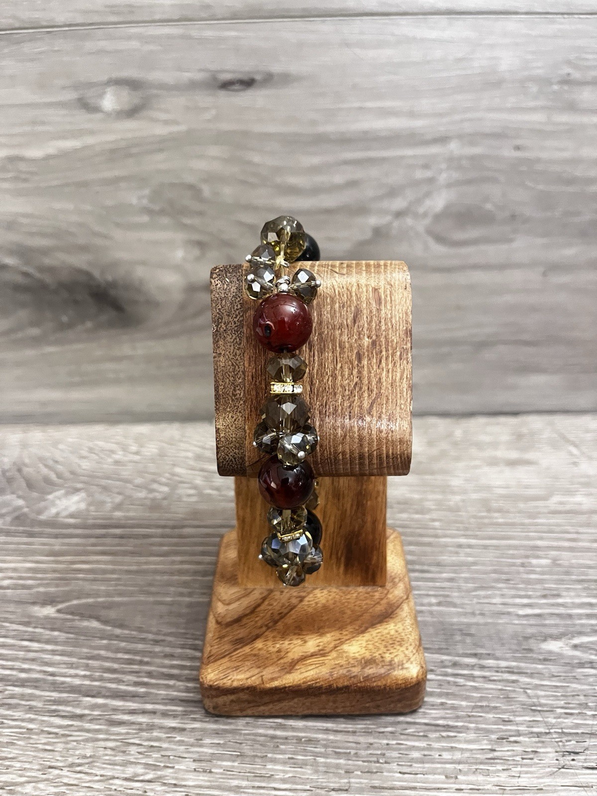 Beaded Stretch Bracelet Black Brown/Red Clear Great Beads 4”