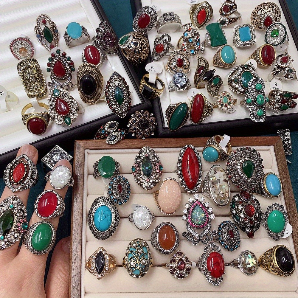 20pcs Mixed Vintage Colorful Gemstone Ring Retro Alloy Finger Deco Ring Bulk Art