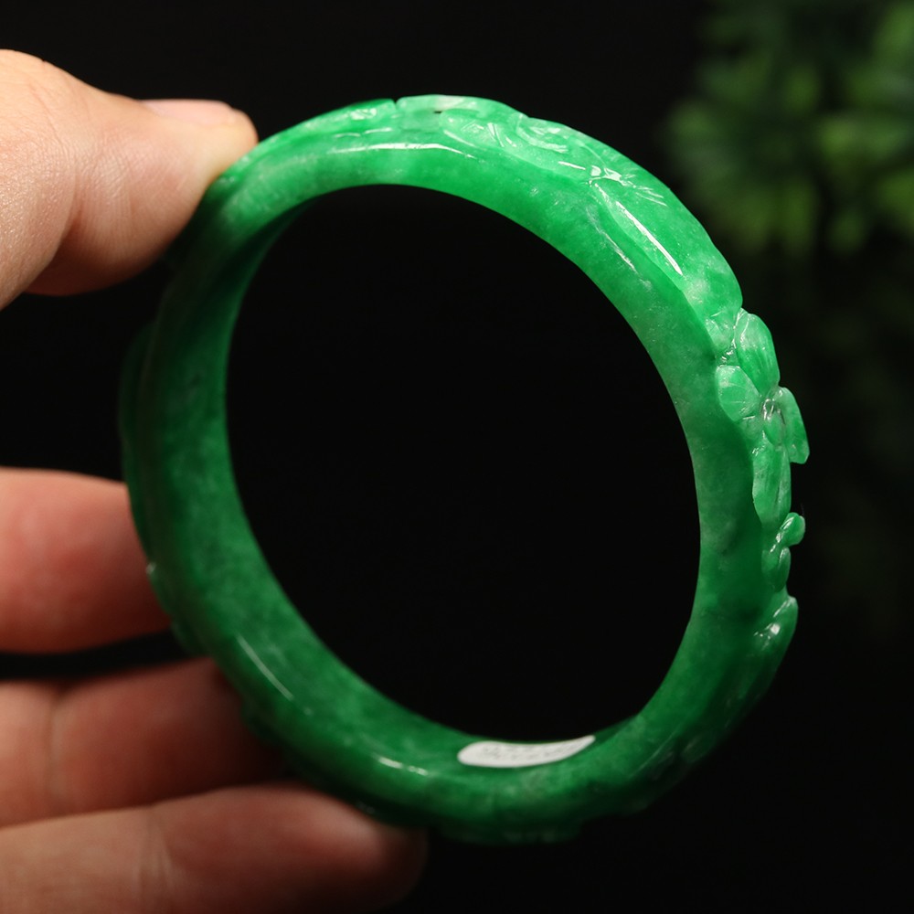 59mm Emerald Green Jadeite Jade Bangle Bracelet Handmade Ruyi Flower Bat A-14505