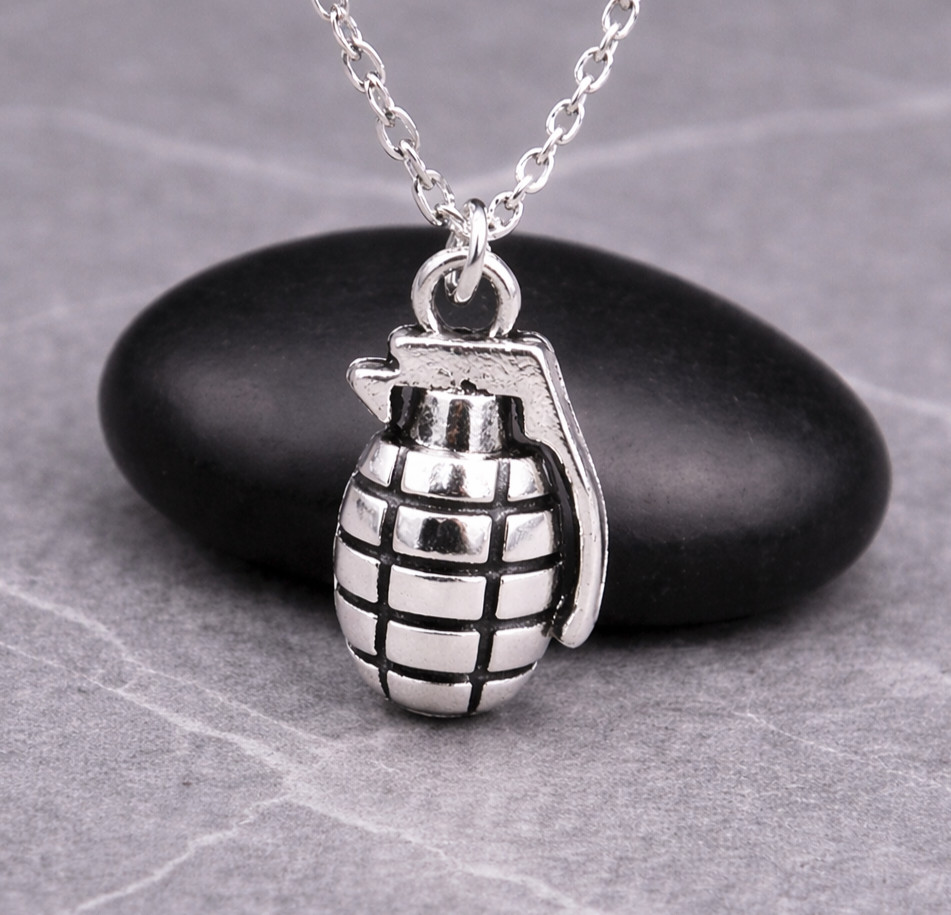 Silver 3D Hand Grenade Charm Necklace – Military Weapon Pendant Jewelry