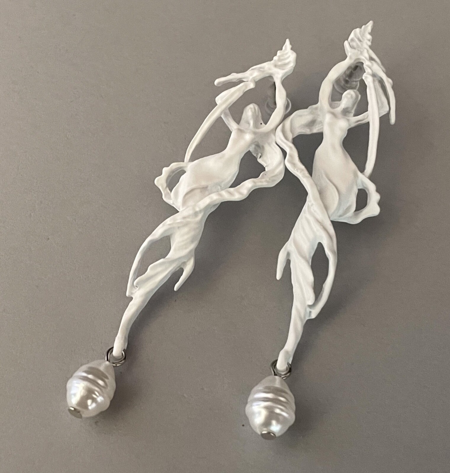Goddess Earrings Long Ethereal Matte White Enamel Goddesses Art Nouveau Jewelry