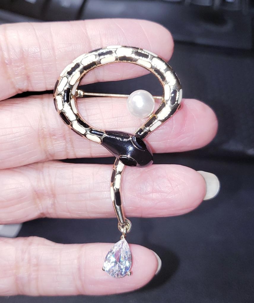 Snake Brooch with Pearl Orb & Crystal Teardrop Dangle Pin / Brooch!
