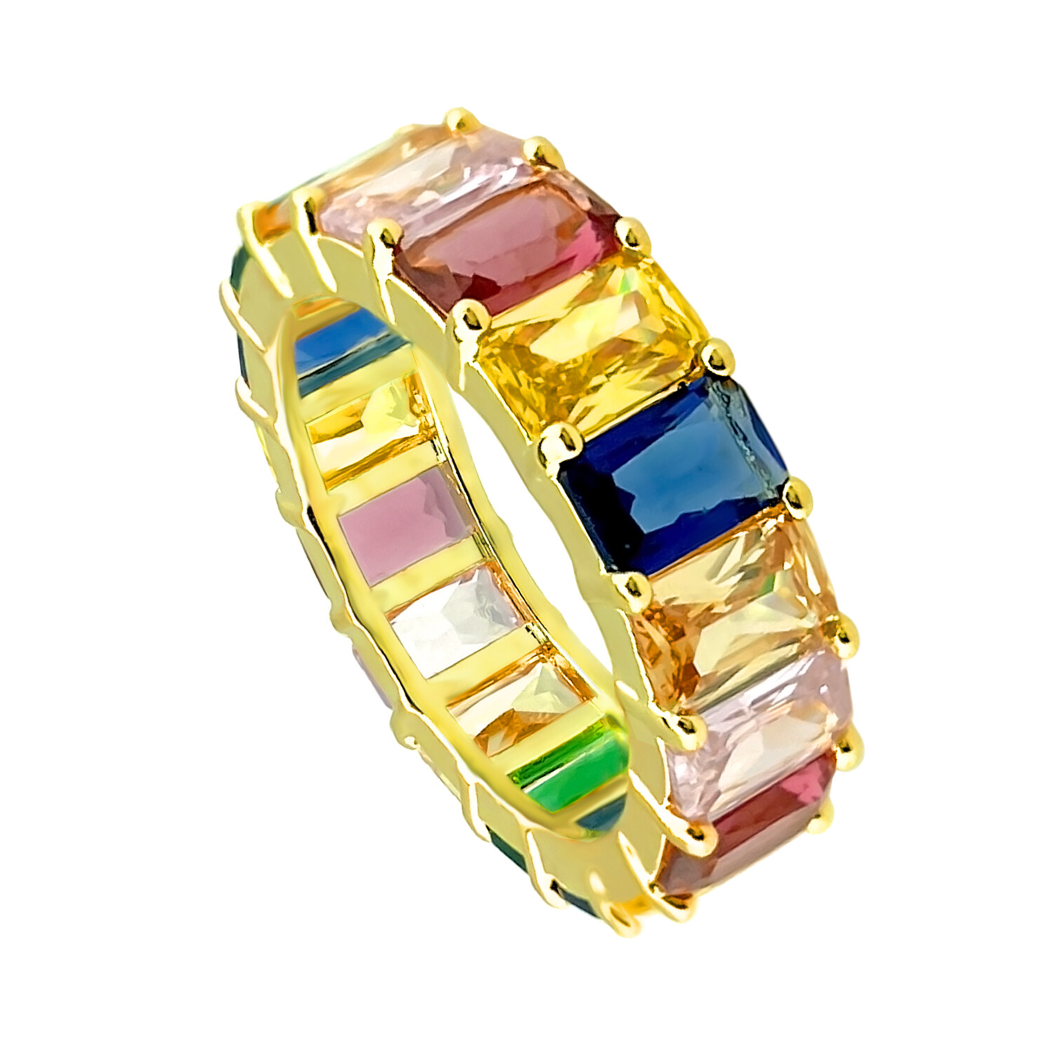 Gold Plated Rainbow Emerald Cut Cubic Zirconia Eternity Band Ring for Woman Girl
