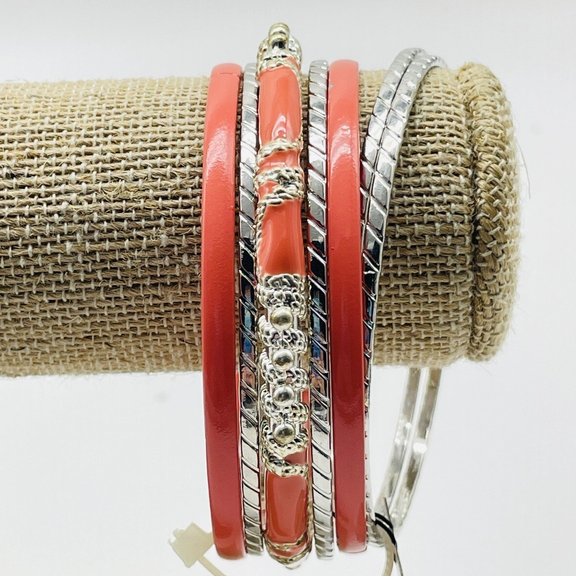 APT 9 Bangle Bracelets Orange White Silver Tone Accent Stackable Set of 7