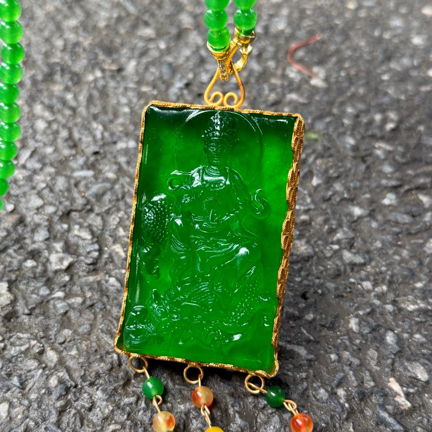 Natural ice inlay Green Jade Jadeite Dragon Kwanyin Pendant&Necklace 鎏金乘龙观音