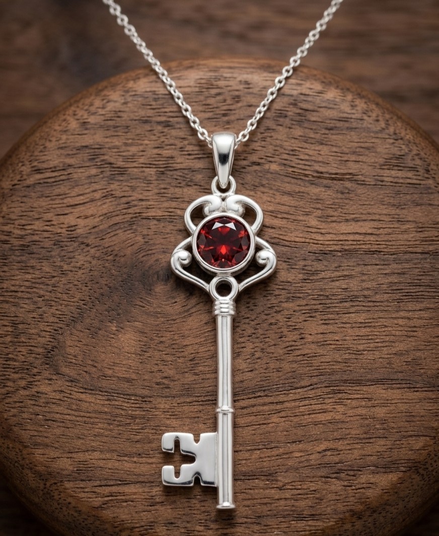 Natural Garnet Gemstone Key Brass Pendent Unique Design Comes With Chain