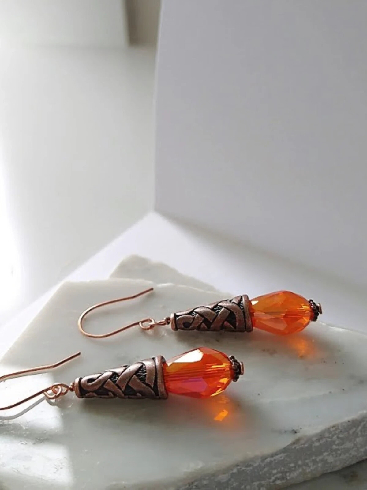 Orange Teardrop Crystal Copper Dangle Earrings, Orange Drop Earrings, Gift