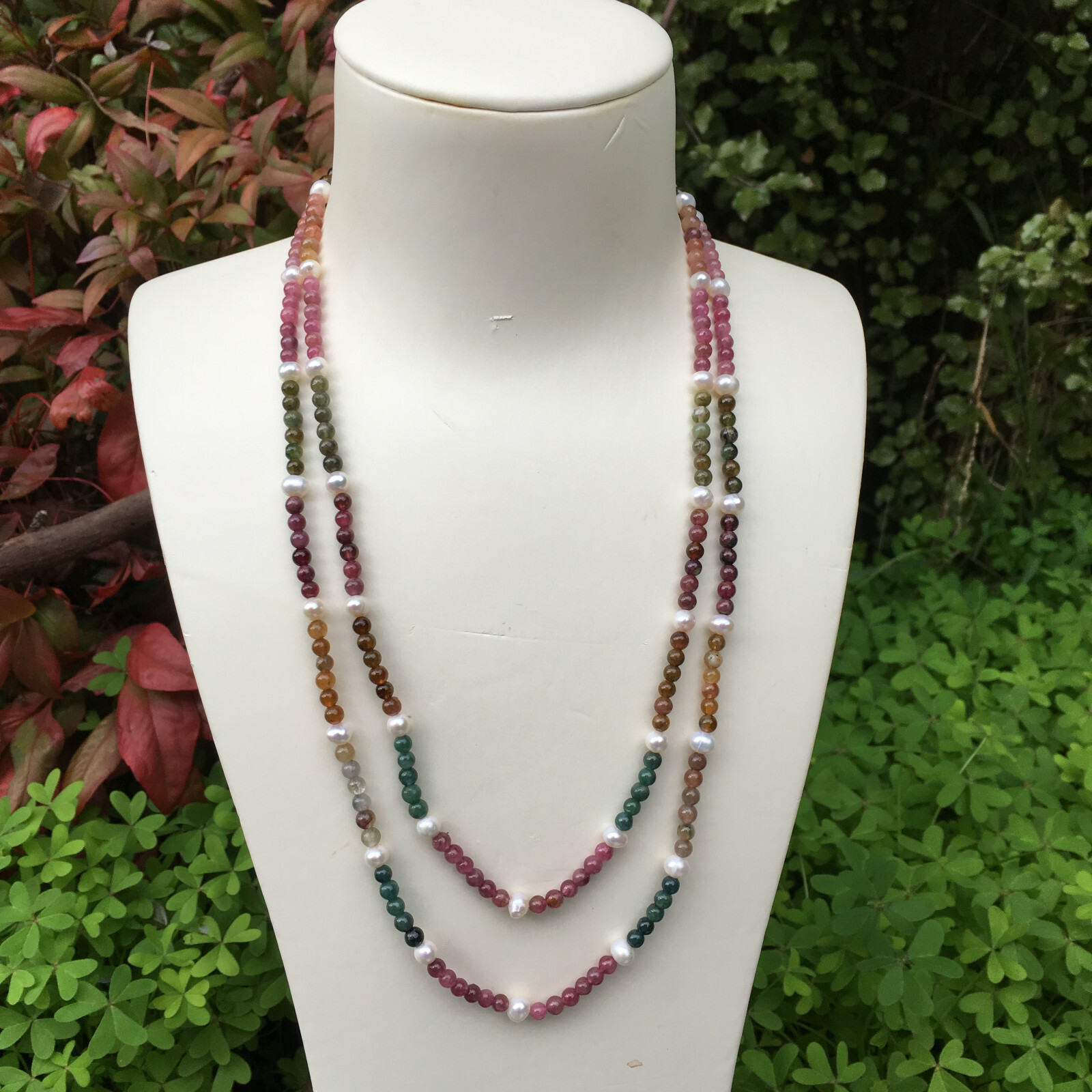 111 colorful 4mm Tourmaline 5-6mm AAA freshwater Pearl 2strands 50+55cm necklace
