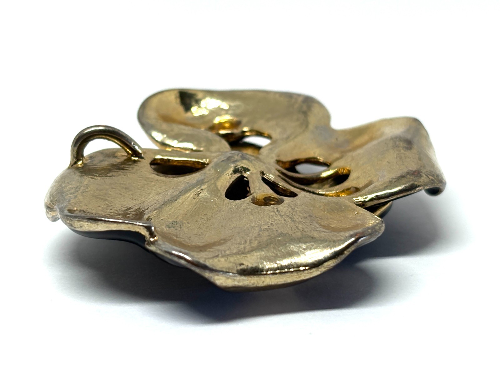 Large Black Enamel Gold Tone Flower Floral Camellia Pendant