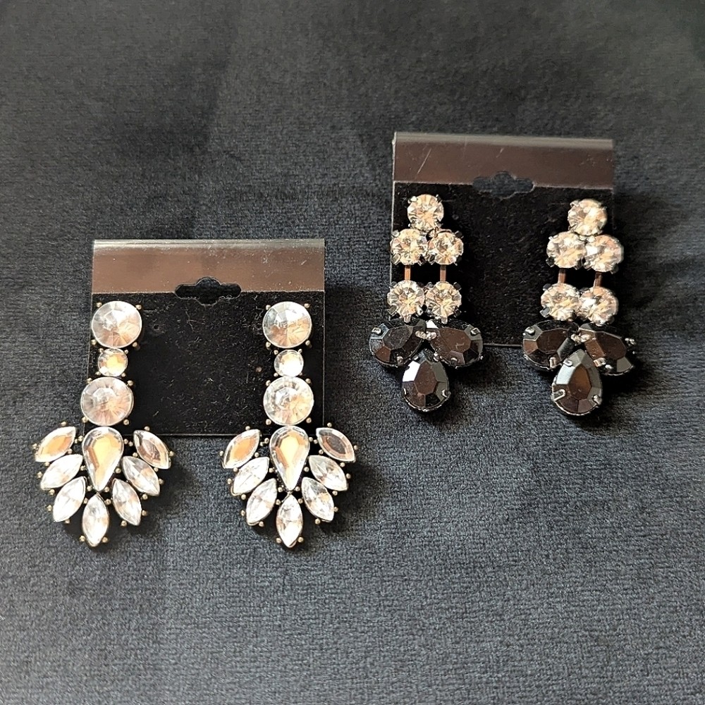 Black and White Rhinestone Silver Dangle Earrings Set Formal Bridal Prom