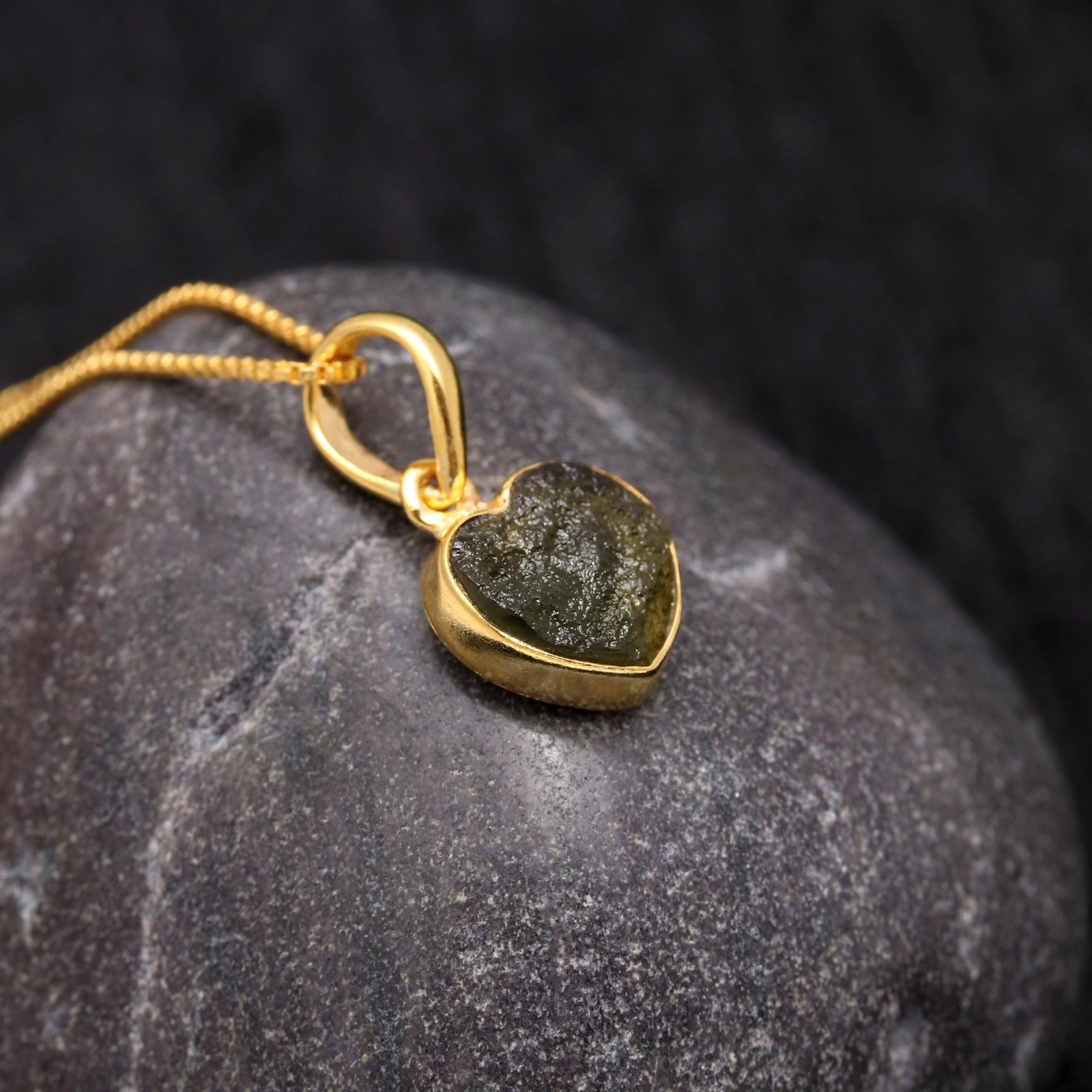 Raw Moldavite Heart Chain Pendant Gold Plated 925 Sterling Silver Unique Jewelry