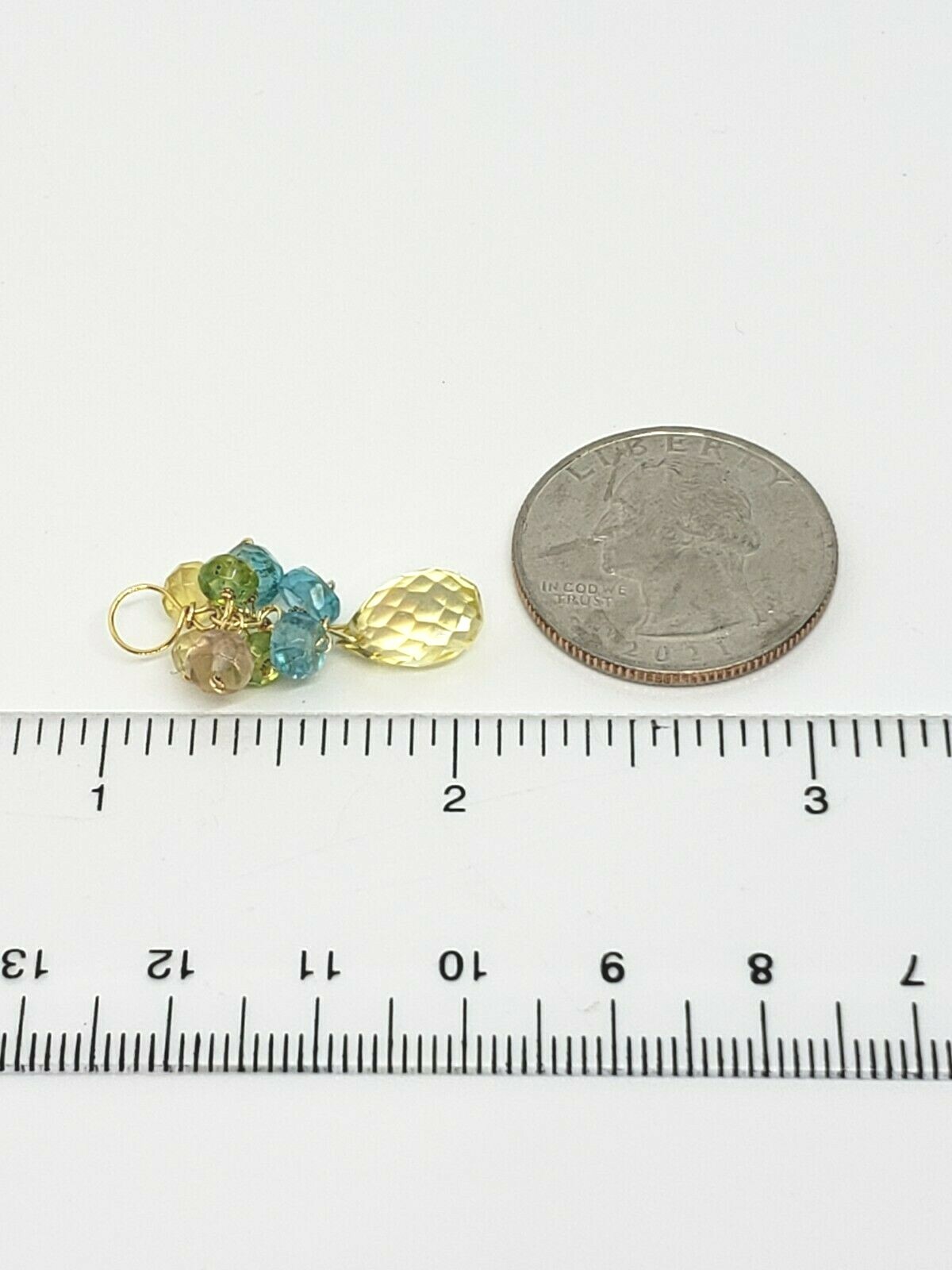 14k Yellow Gold Lemon Quartz Briolette Peridot Fluorite Cluster Drop Pendant