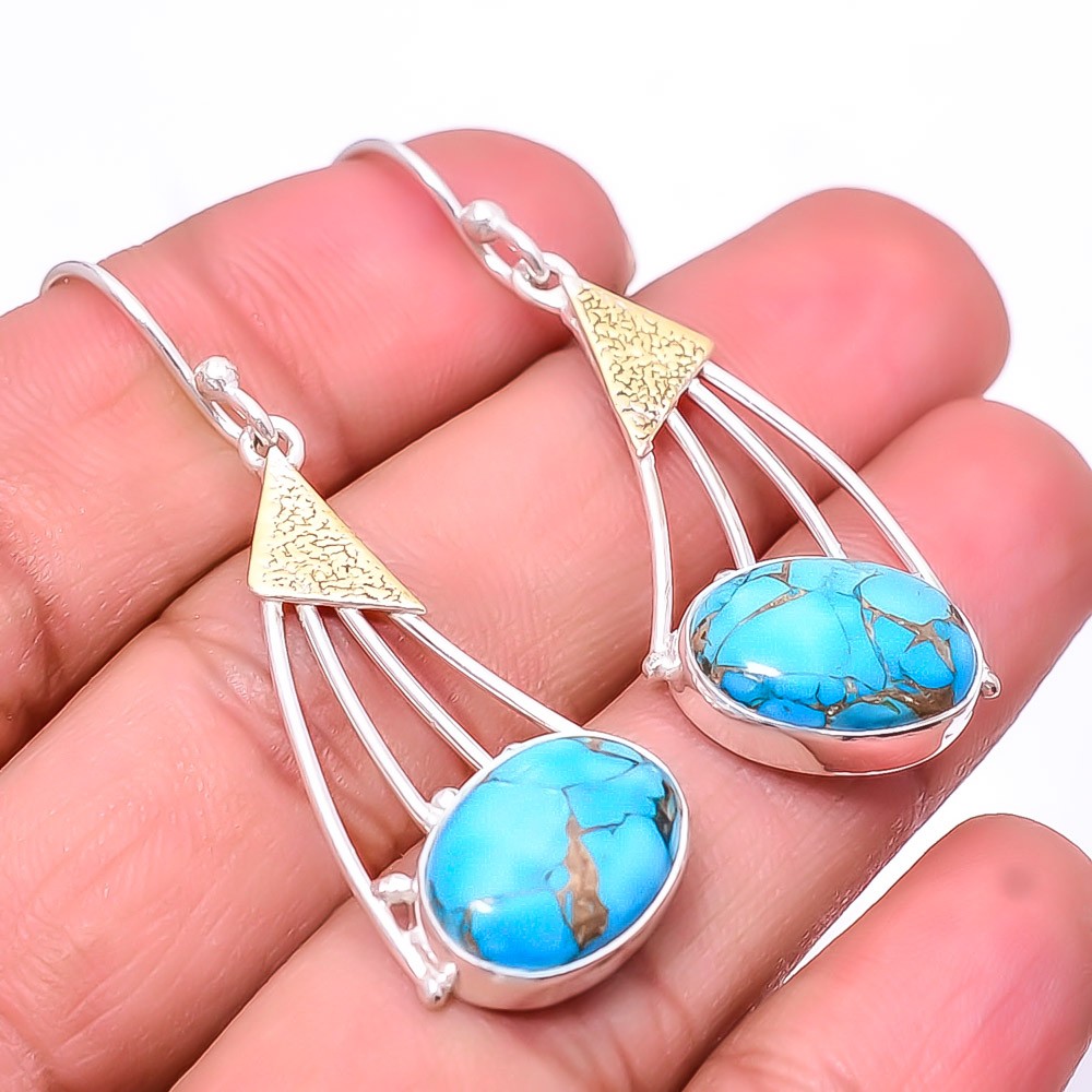 Copper Blue Turquoise 925 Sterling Silver Two Tone Earring 1.95″ E_9466_260_3