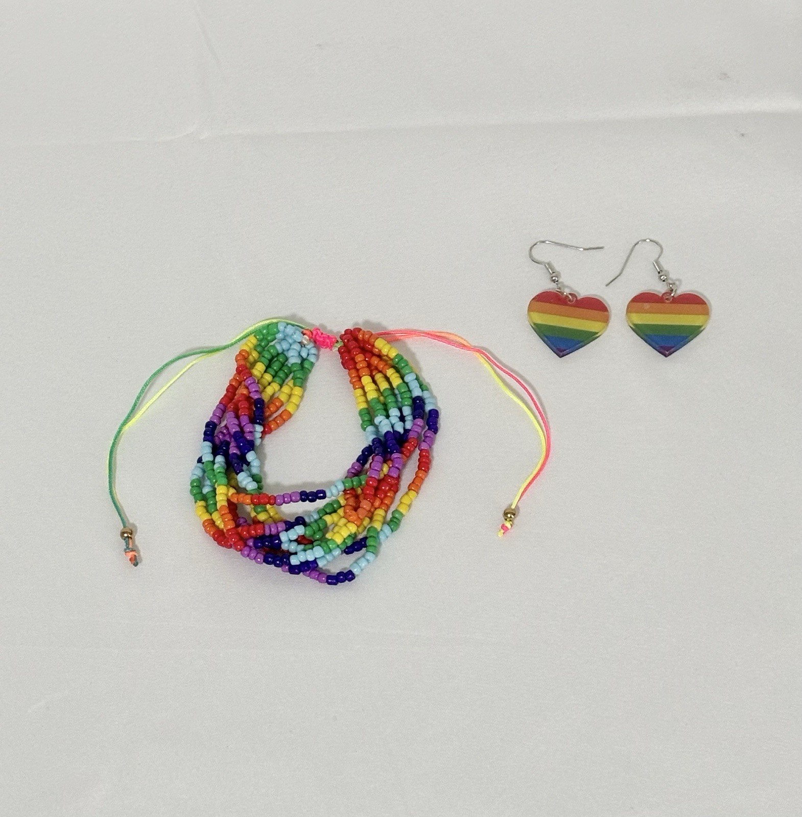 Rainbow Seed Bead Pull String Bracelet & Earring Set Colorful Boho Jewelry NWT