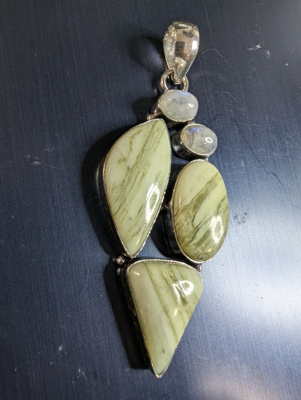 Larsonite Jasper Moonstone silver plated pendant 2.62″ long DAD1072