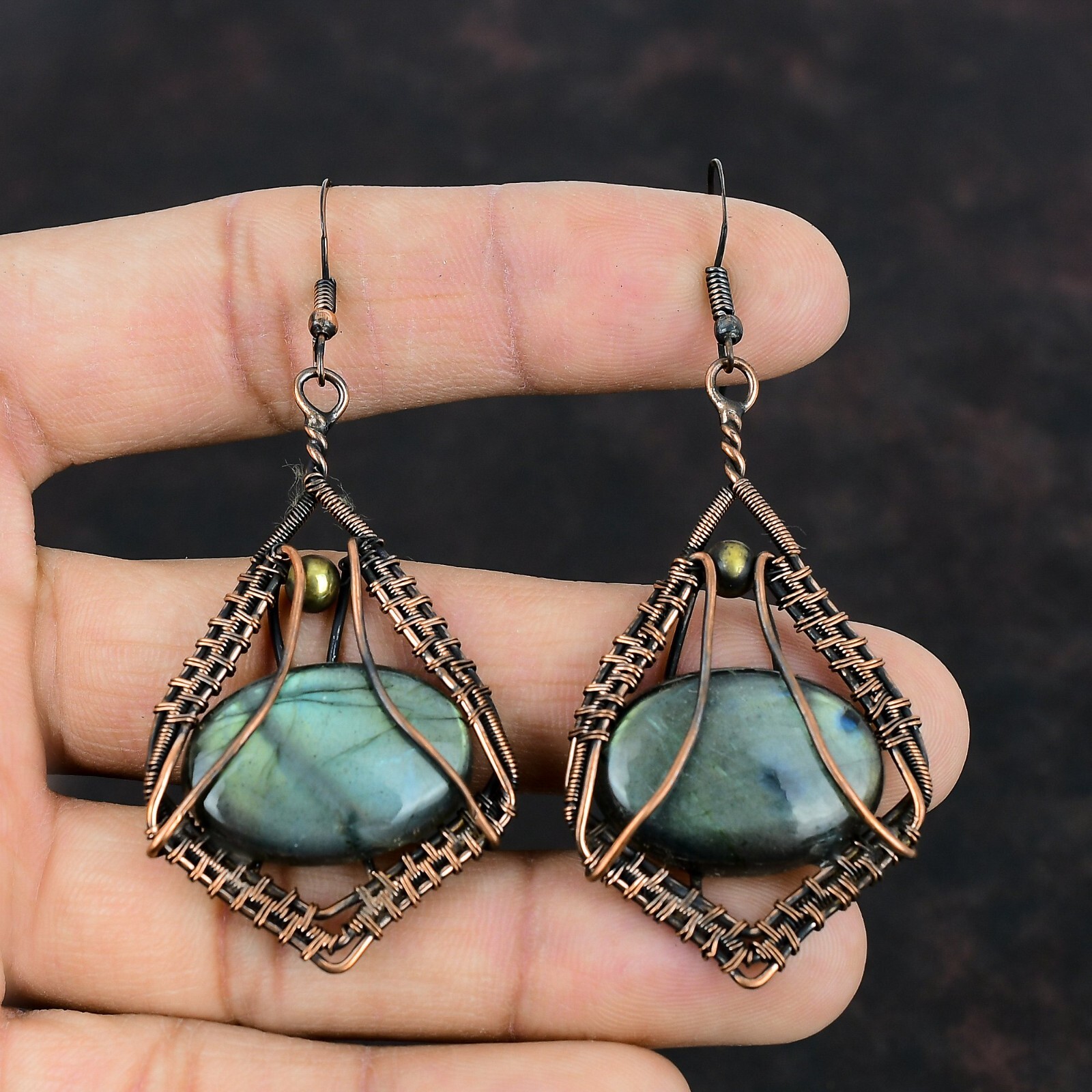 Labradorite Wire Wrapped Drop/Dangle Earrings Handcrafted Copper Unique 2.95″