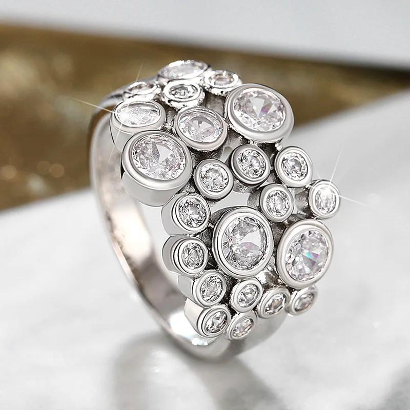 Trendy Wedding Ring Full Round Simulated Zirconia Silver Color Band Women Rings