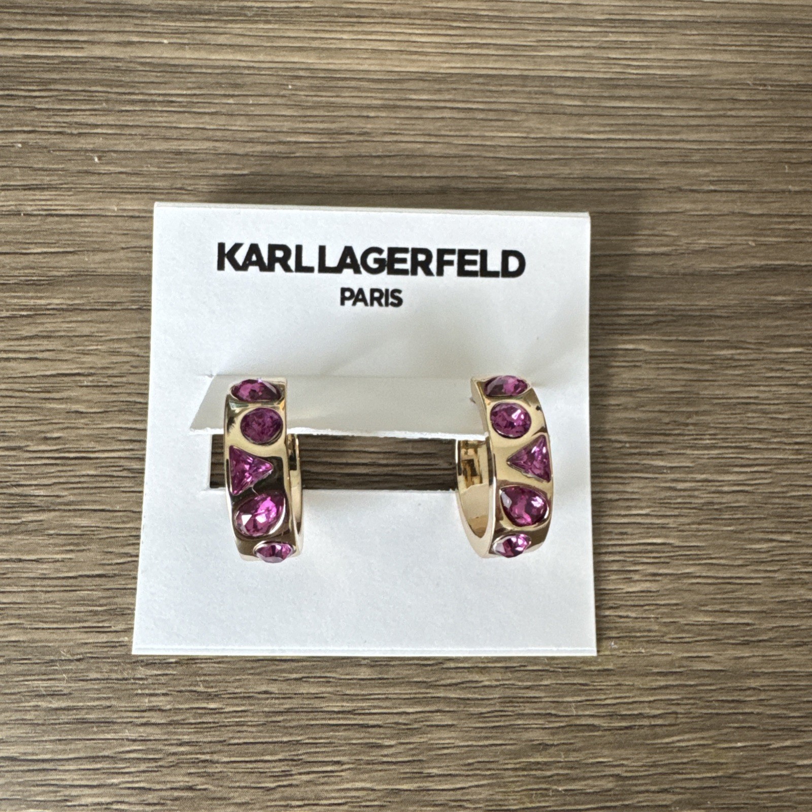 Karl Lagerfeld Paris Gold Tone Josephine Pink Crystal Hoop Earrings NWT