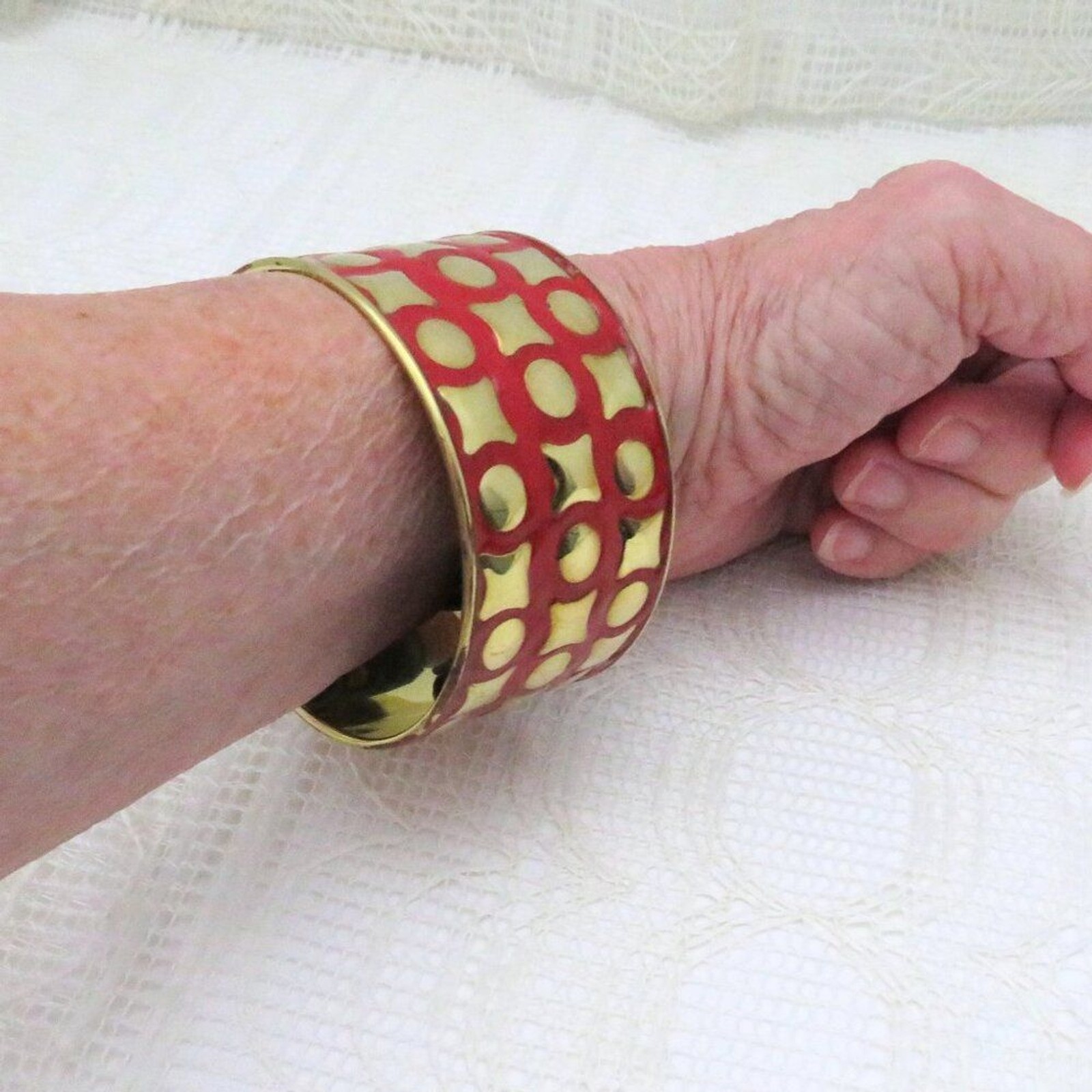 Metallic Bangle Bracelet Antika Women 1 1/2 inches Red Gold Chunky Retro Style