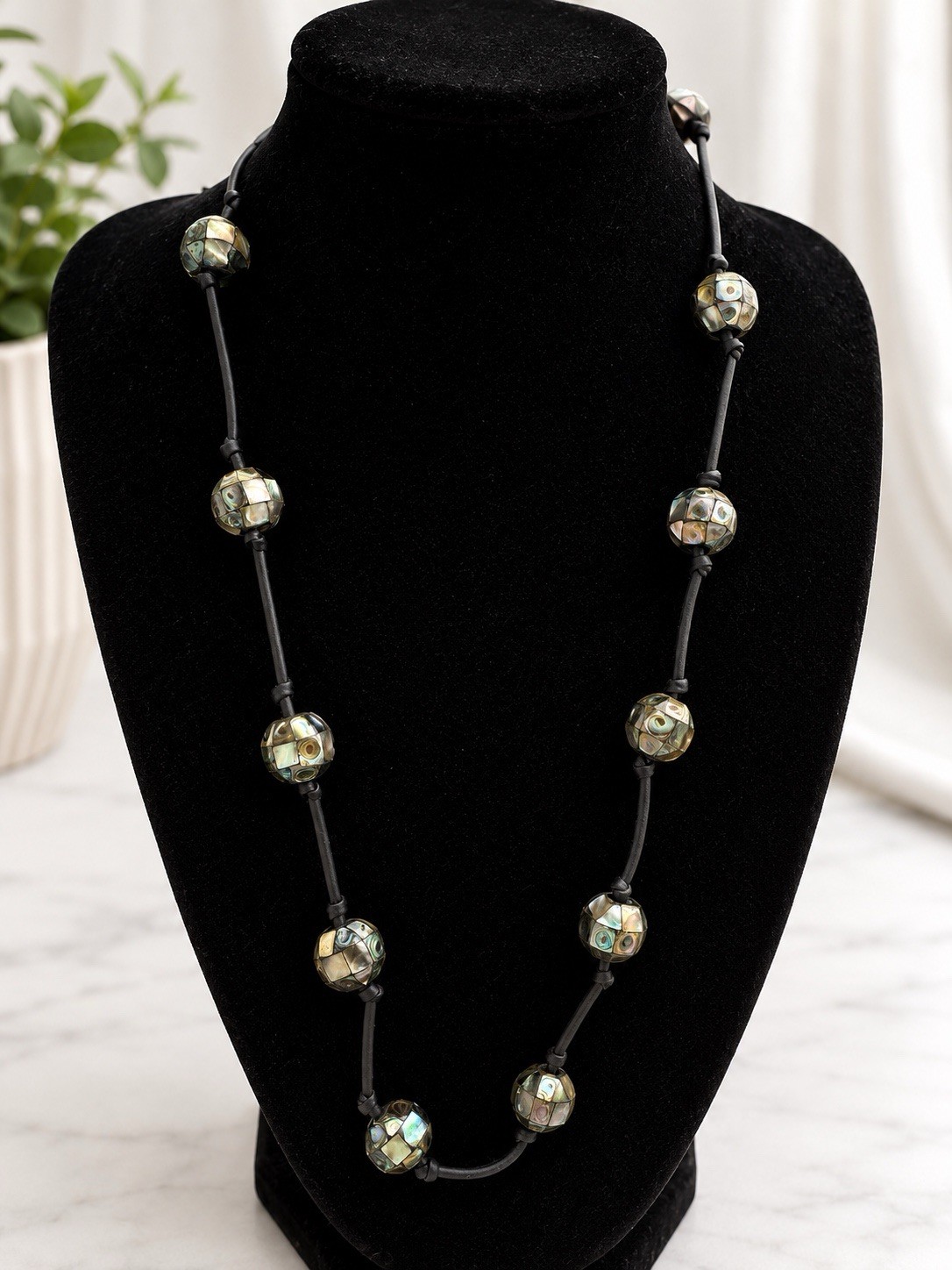 Abalone Shell Mosaic Beaded Necklace Black Cord Long Statement Boho