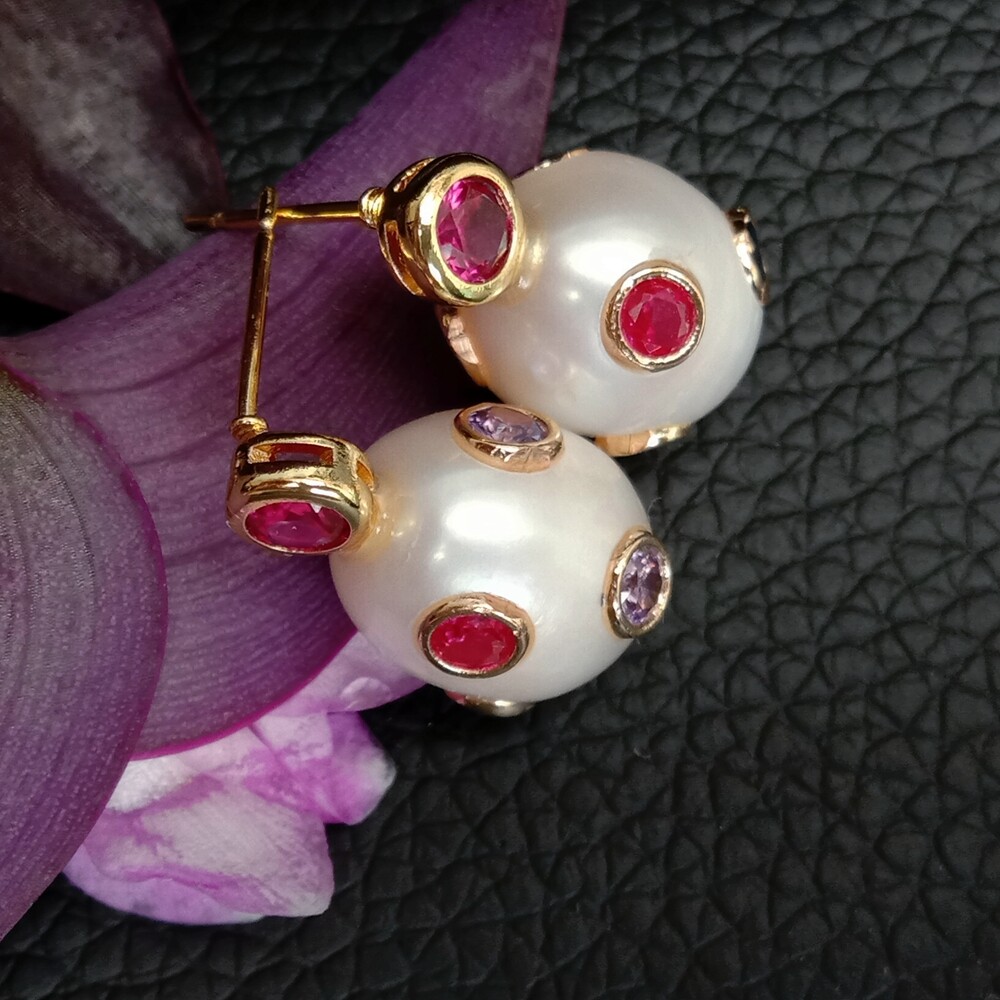Cultured White Pearl Stud Earrings Pearls Cz Pave Handmade Designer Earring