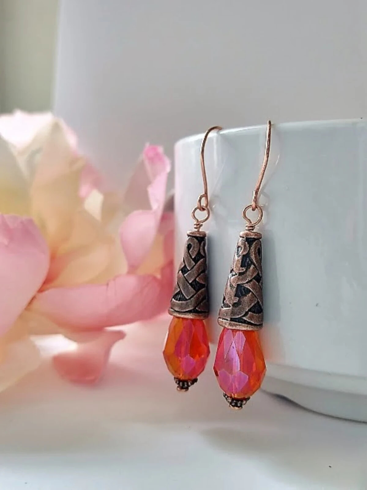 Orange Teardrop Crystal Copper Dangle Earrings, Orange Drop Earrings, Gift