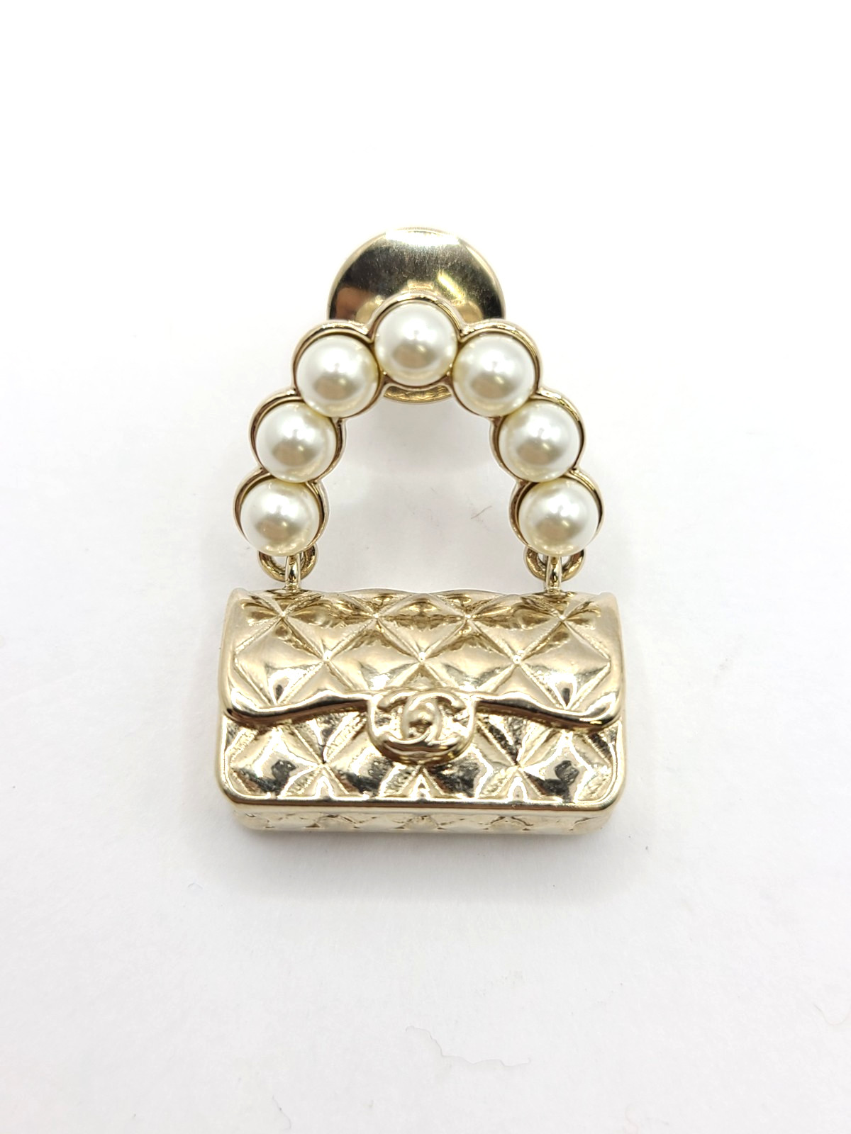 CHANEL Brooch Pin Badge CC Matelasse Bag Motif Faux Pearl