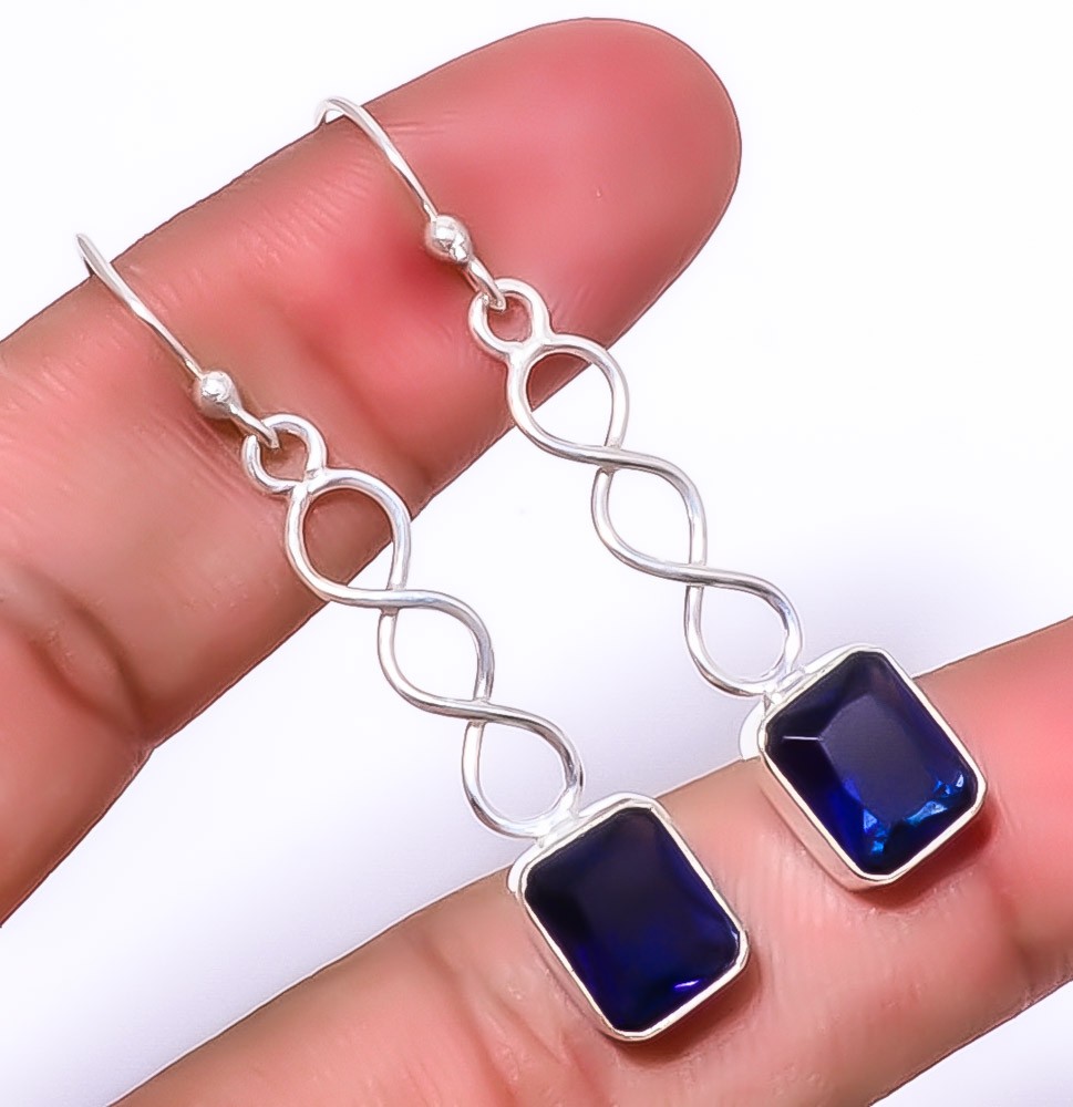 Blue Sapphire (Lab-Created) 925 Silver Plated Spiral Earring 1.79″ A2