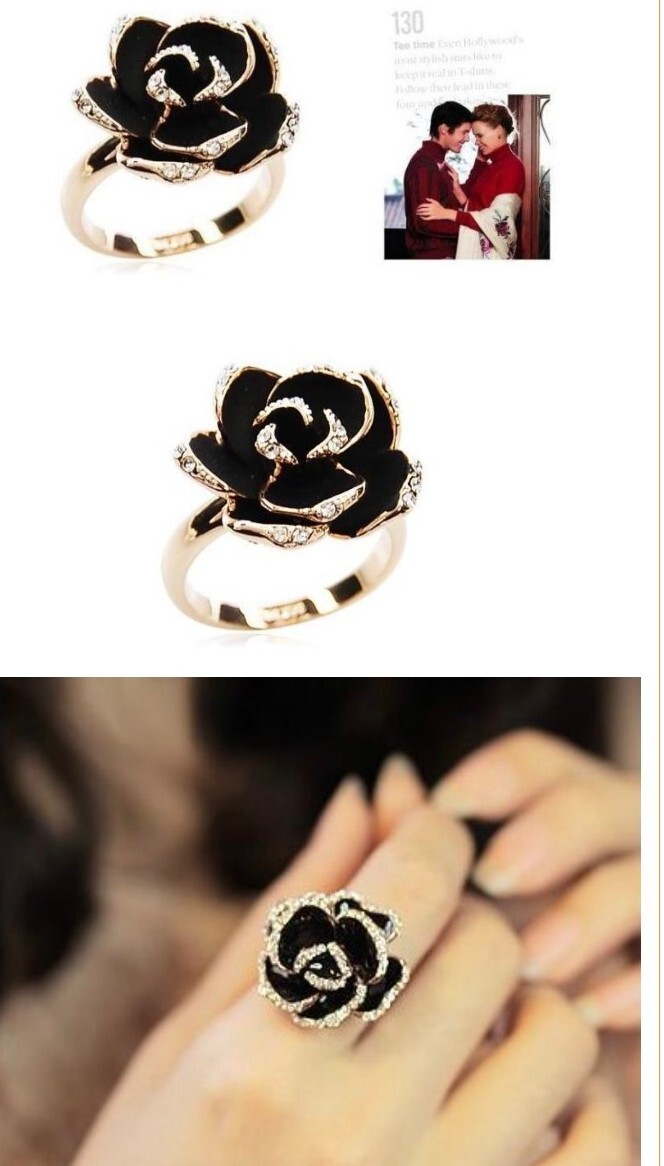 New Fashion Black Rose Crystal Rhinestone Adjustable Opening Ring Women Jewelry