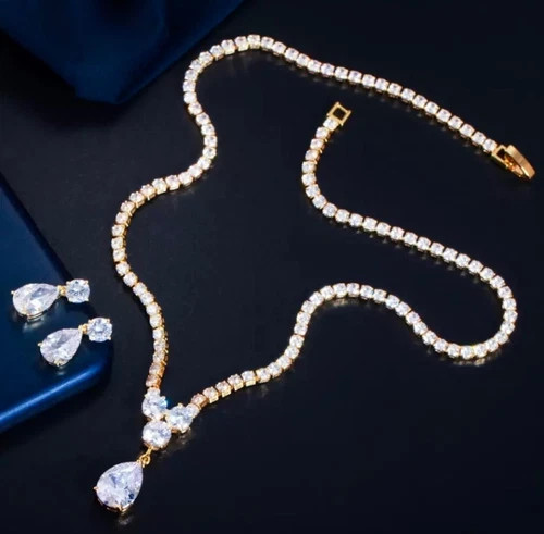 18k Gold Plated Tennis Necklace Earrings Made Simulated Diamond Bridal Jewelry