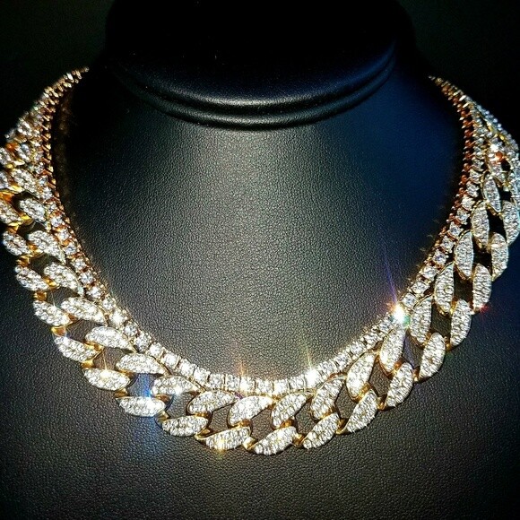 Hip Hop Gold PT Iced 18″ Cuban & 1 Row Tennis Choker Bling Chain Necklace Set