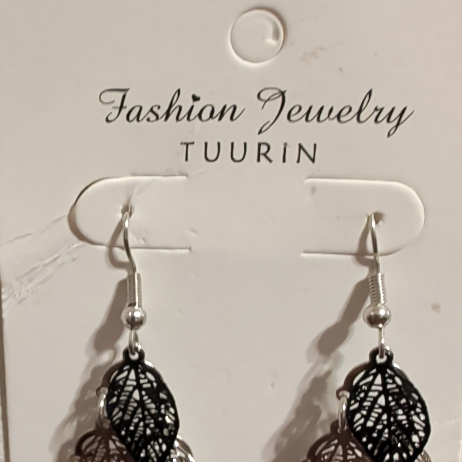 Fashion Jewelry TUURIN Black & Silver Tone Metal Leaf Dangle. #26
