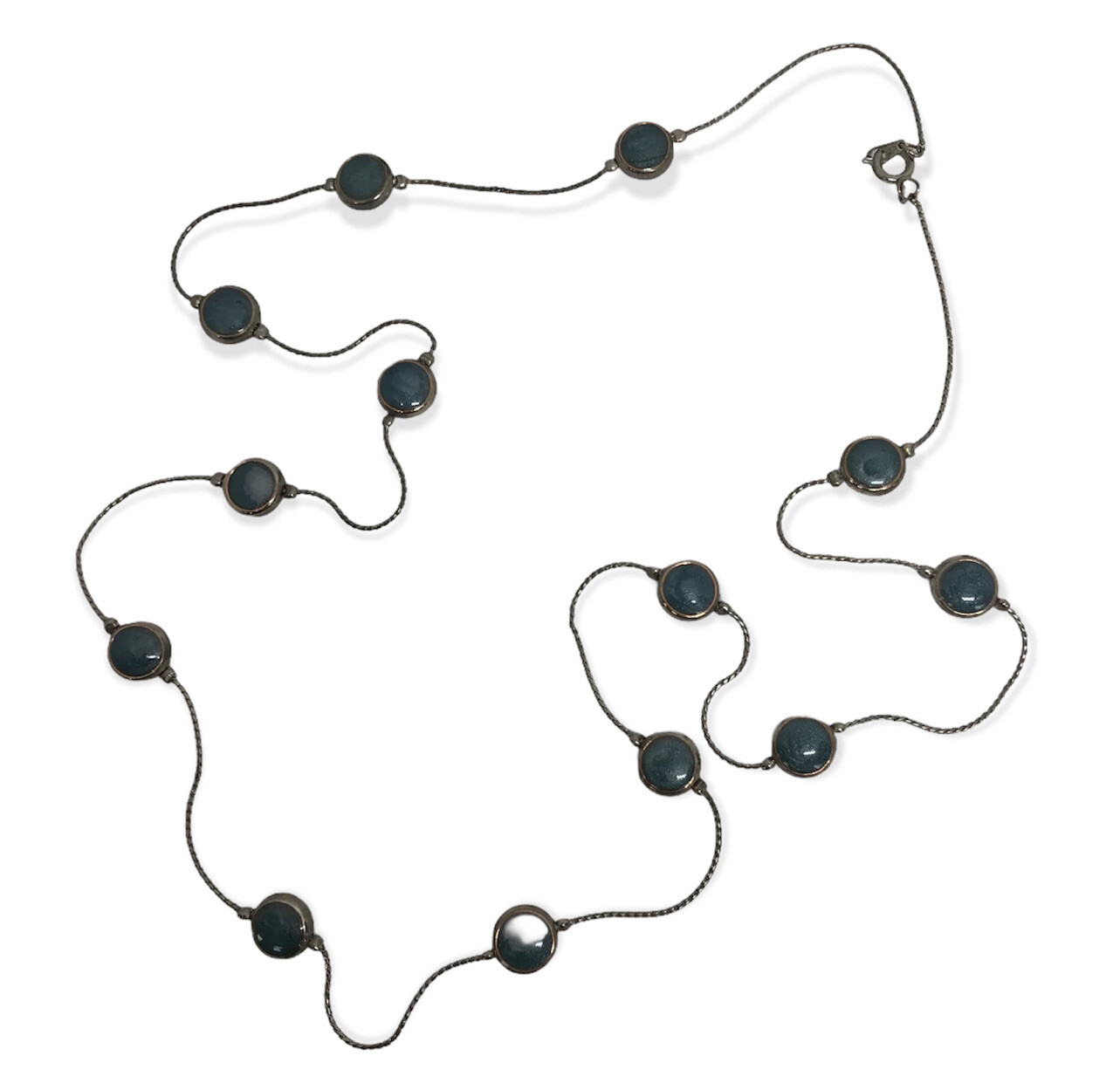 Silvertone and Blue Circle 30″ Clasp Necklace Strand String