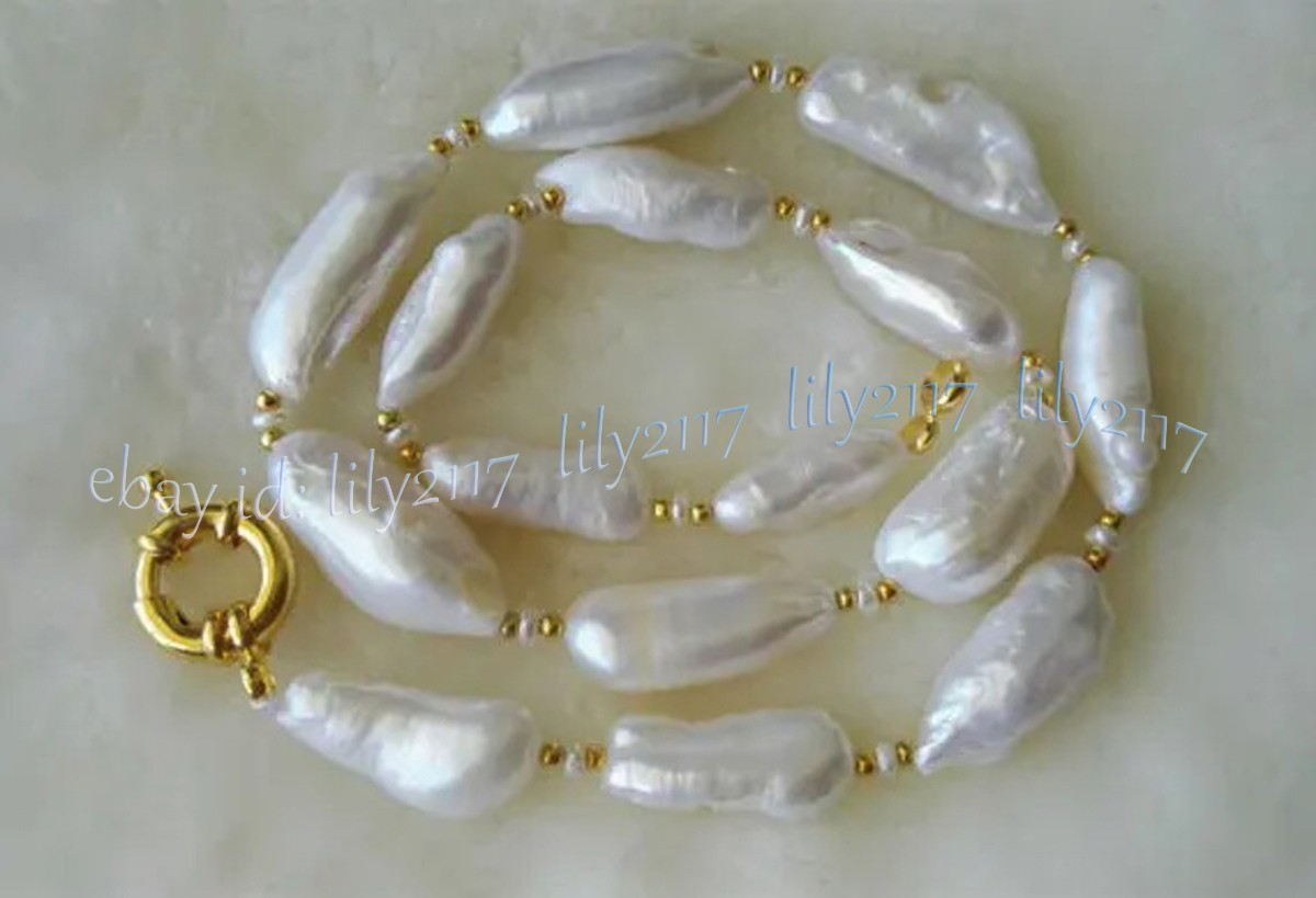 Unique 9x22mm Real Natural White Freshwater Baroque Biwa Peal Necklace 14-36inch