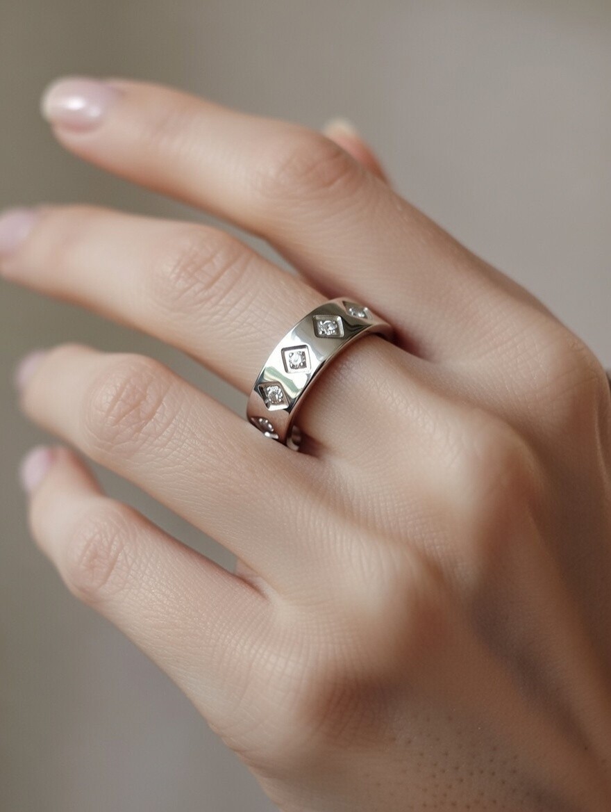 Stainless Steel Band Ring – Size 8 with Diamond Accents
