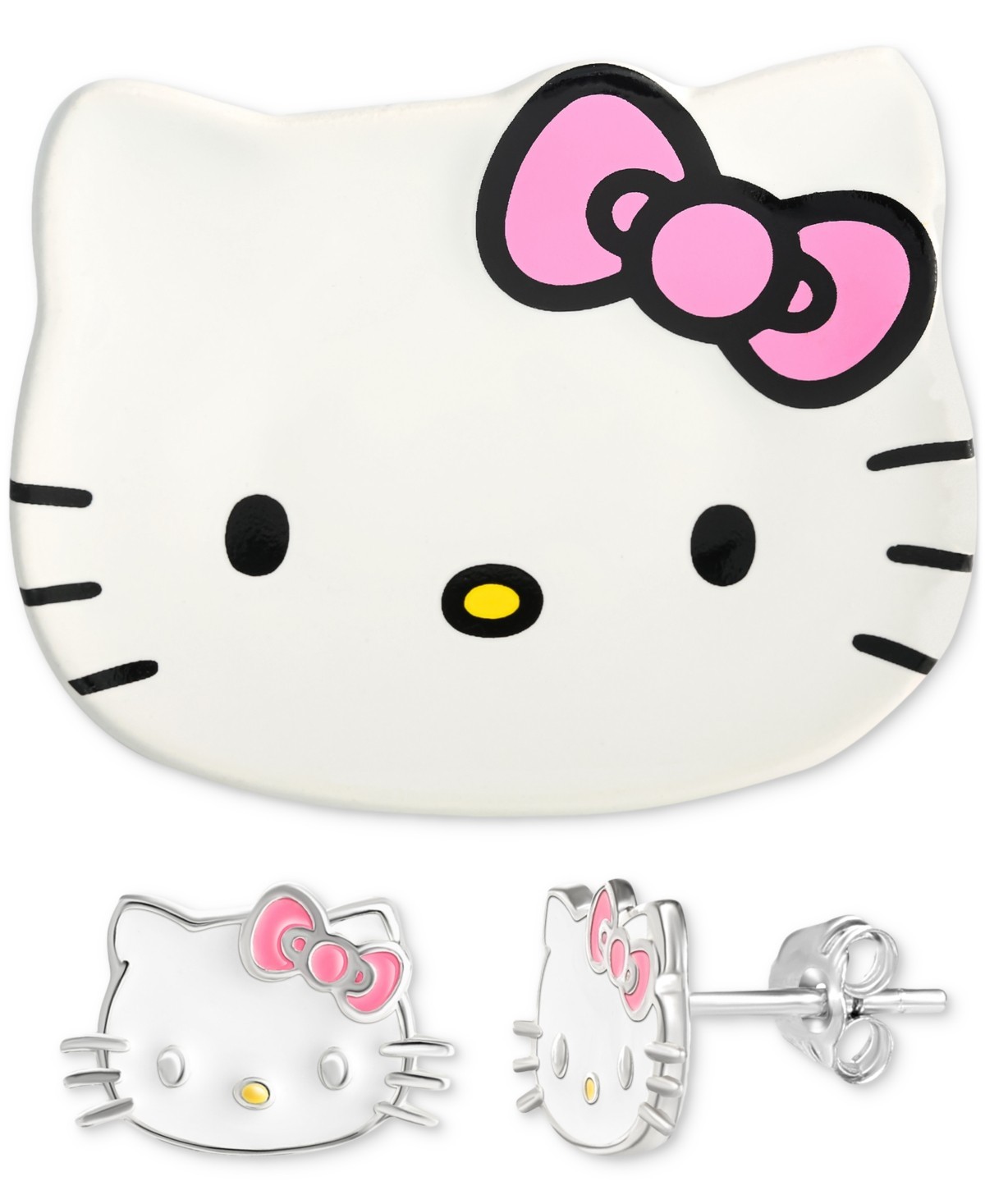 Hello Kitty 2-Pc. Set Enamel Kitty Stud Earrings in Sterling Silver & Dish NWT