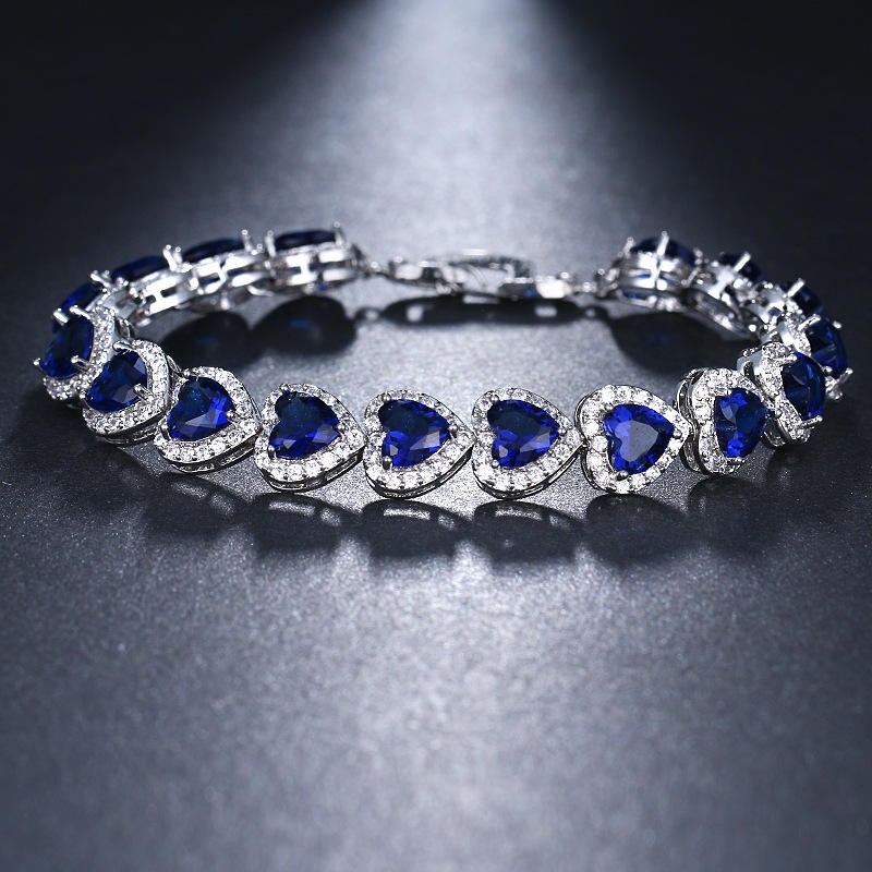 925 Sterling Silver Blue Sapphire & Moissanite Heart Tennis Bracelet For Women