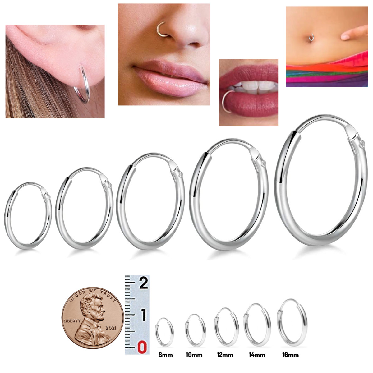 Continuous Hoop Earrings Sterling Silver 925 Two Pairs: 8mm 10mm 12mm 14mm 16mm