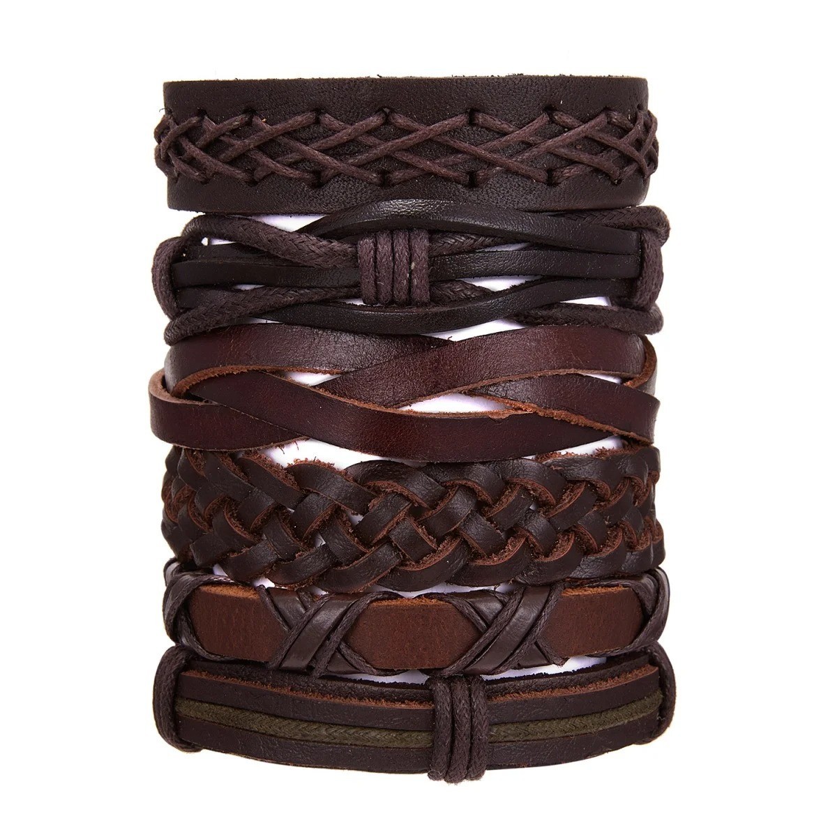 6PCS Braided Leather Brown Bracelet For Cuff Wrap Wristband Men Women Gift