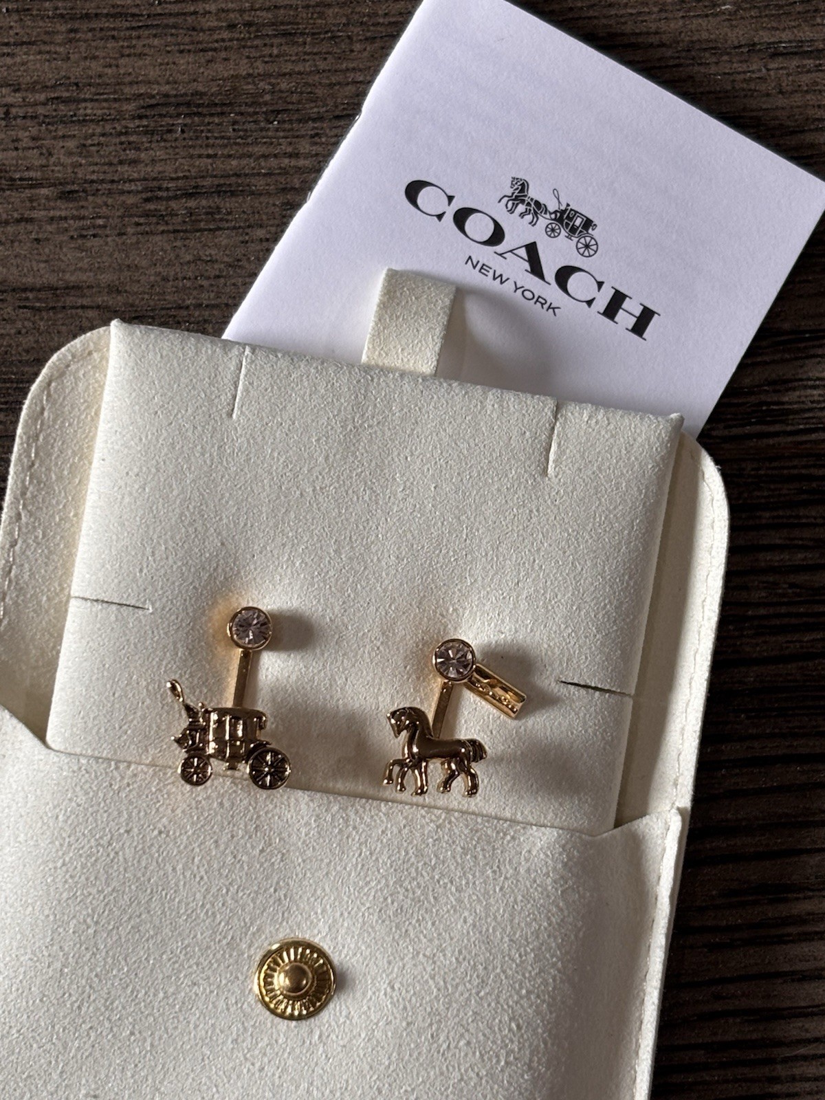 New Coach Gold Horse & Carriage Convertible Ear Jacket Earrings Set F77695 NWOT