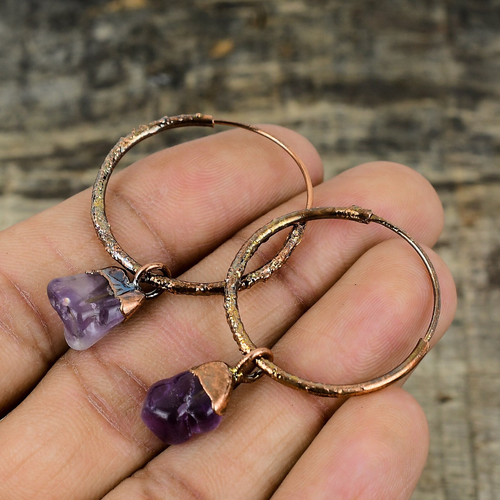 Gift For Her African Amethyst Rough Electroformed Earrings Copper 1.77″