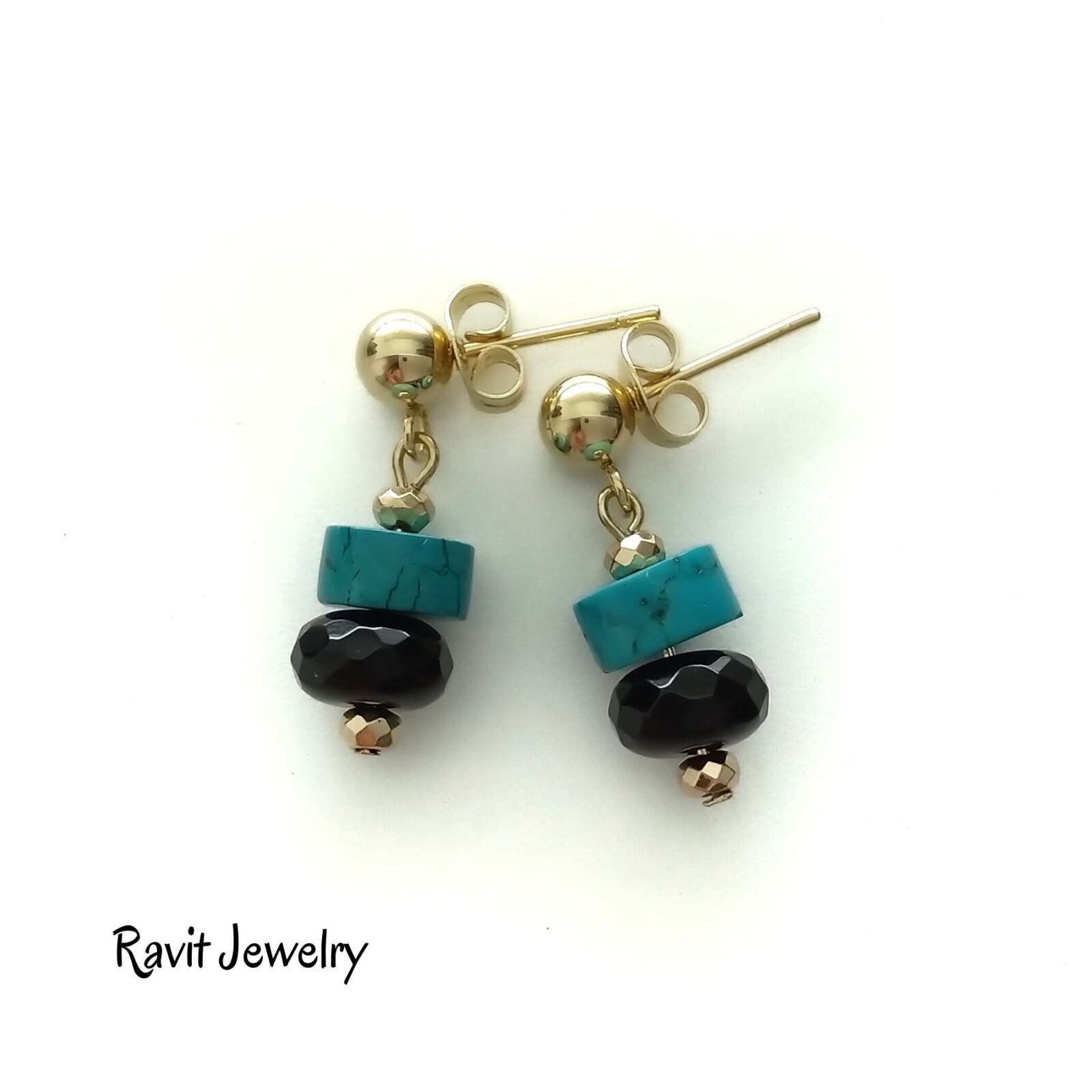 Turquoise And Black Agate Stone Gold Plated Stud Dangle Earrings Stainless Steel