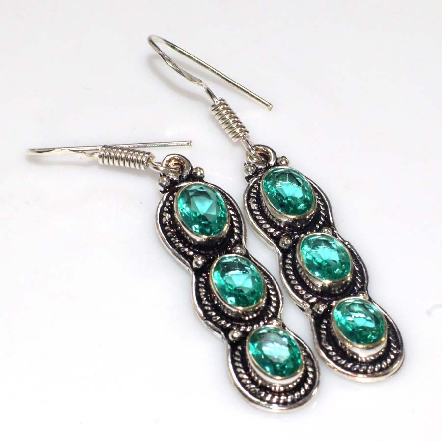 925 Silver Plated Exclusive Green Topaz Earrings 2″ Premium Jewellery Trendy GW