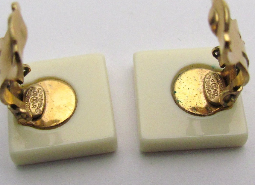 CHANEL 02A Clip On Earrings Cream Square CC Logo Vintage Made in France with Box