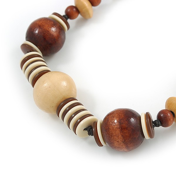 Stylish Brown/ Natural Wood and Acrylic Bead With Black Cotton Cord Necklace –