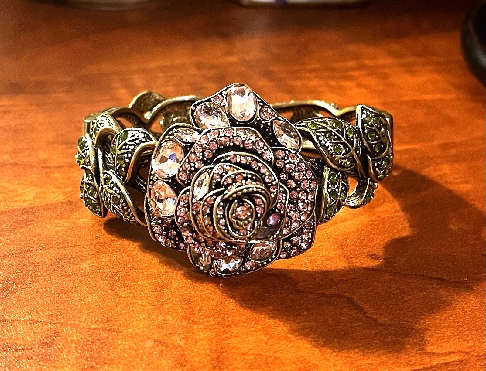 Heidi Daus Pink & Green Swarovski Crystal Rose Statement Hinged Cuff Bracelet